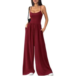 imagePRETTYGARDEN Summer Jumpsuits for Women Casual 2026 Wide Leg Date Night Rompers Sleeveless Beach Vacation One Piece OutfitsWine Red