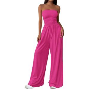 imagePRETTYGARDEN Womens Trendy Strapless Rompers 2026 Ruched Tube Top Wide Leg One Piece Jumpsuits Beach Vacation Summer OutfitsRose Red