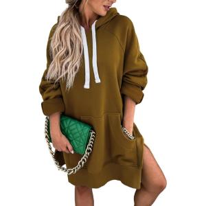 imagePRETTYGARDEN Sweatshirt for Women 2025 Fall Oversized Pullover Long Sleeve Casual Hoodie Dress Kangaroo Pocket Winter ClothesDark Khaki