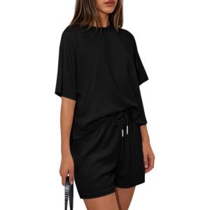 imagePRETTYGARDEN Womens 2 Piece Lounge Sets Short Sleeve Shirts Casual Tops Shorts Matching Clothing 2026 Summer Airport OutfitsBlack