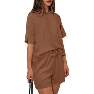 imagePRETTYGARDEN Womens 2 Piece Lounge Sets Short Sleeve Shirts Casual Tops Shorts Matching Clothing 2026 Summer Airport OutfitsBrown