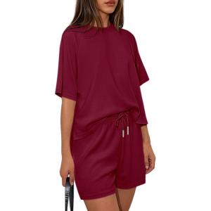 imagePRETTYGARDEN Womens 2 Piece Lounge Sets Short Sleeve Shirts Casual Tops Shorts Matching Clothing 2026 Summer Airport OutfitsBurgundy