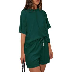 imagePRETTYGARDEN Womens 2 Piece Lounge Sets Short Sleeve Shirts Casual Tops Shorts Matching Clothing 2026 Summer Airport OutfitsDark Green