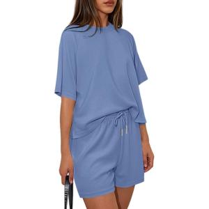 imagePRETTYGARDEN Womens 2 Piece Lounge Sets Short Sleeve Shirts Casual Tops Shorts Matching Clothing 2026 Summer Airport OutfitsDusty Blue