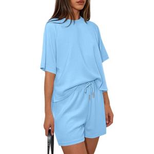 imagePRETTYGARDEN Womens 2 Piece Lounge Sets Short Sleeve Shirts Casual Tops Shorts Matching Clothing 2026 Summer Airport OutfitsLight Blue
