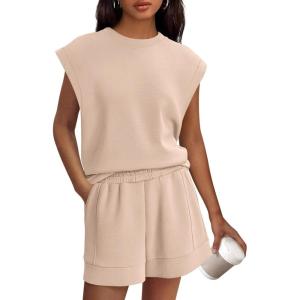 imagePRETTYGARDEN Womens 2 Piece Lounge Shorts Sets 2026 Summer Travel Outfits Casual Beach Vacation Clothes Spring SweatsuitsBeige