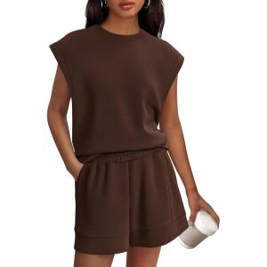 imagePRETTYGARDEN Womens 2 Piece Lounge Shorts Sets 2026 Summer Travel Outfits Casual Beach Vacation Clothes Spring SweatsuitsBrown