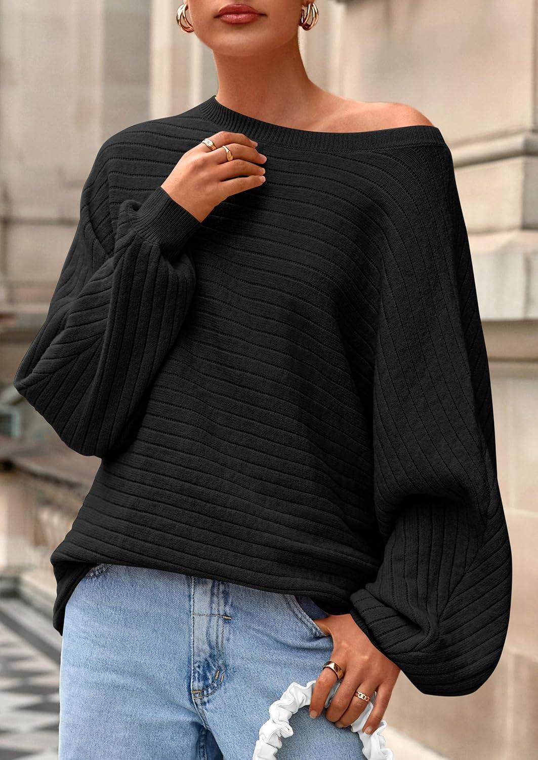 imagePRETTYGARDEN Fall Sweaters for Women 2025 Oversized Boat Neck Pullover Long Sleeve Knit Tops Cozy Winter Fashion ClothingBlack