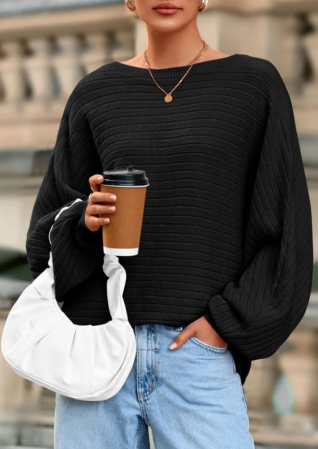 imagePRETTYGARDEN Fall Sweaters for Women 2025 Oversized Boat Neck Pullover Long Sleeve Knit Tops Cozy Winter Fashion ClothingBlack