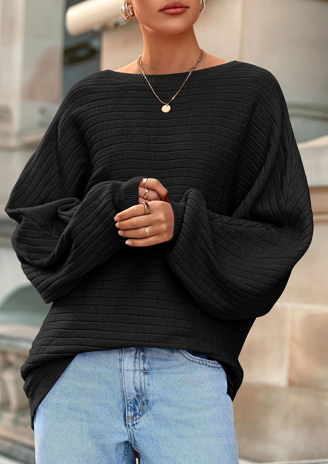 imagePRETTYGARDEN Fall Sweaters for Women 2025 Oversized Boat Neck Pullover Long Sleeve Knit Tops Cozy Winter Fashion ClothingBlack