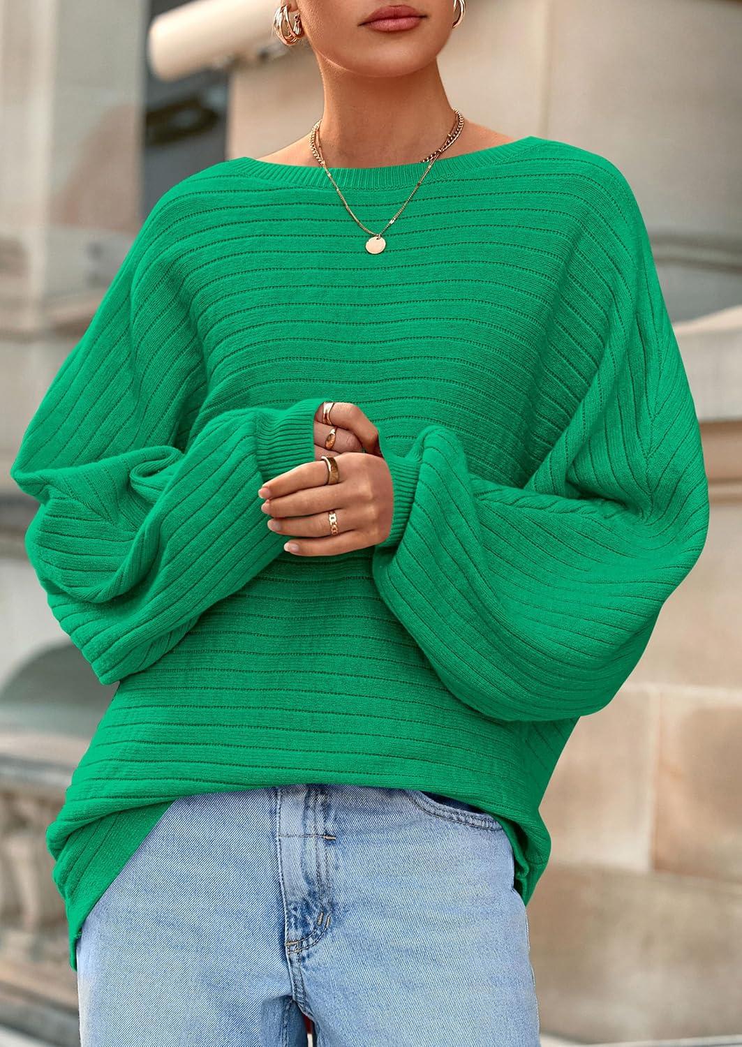 imagePRETTYGARDEN Fall Sweaters for Women 2025 Oversized Boat Neck Pullover Long Sleeve Knit Tops Cozy Winter Fashion ClothingGreen