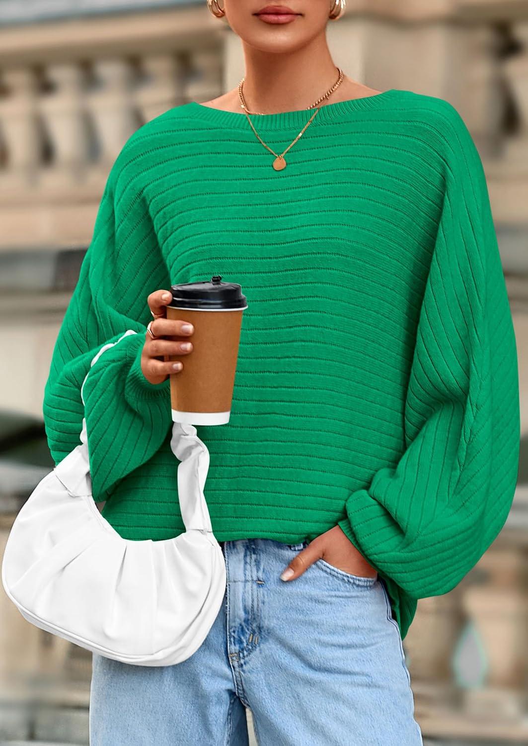 imagePRETTYGARDEN Fall Sweaters for Women 2025 Oversized Boat Neck Pullover Long Sleeve Knit Tops Cozy Winter Fashion ClothingGreen