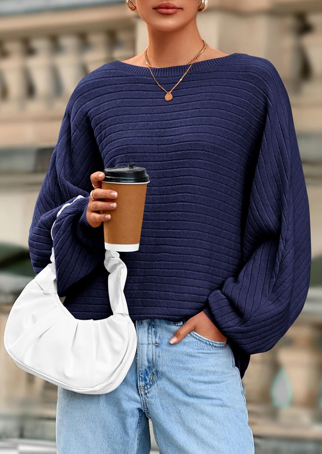 imagePRETTYGARDEN Fall Sweaters for Women 2025 Oversized Boat Neck Pullover Long Sleeve Knit Tops Cozy Winter Fashion ClothingNavy Blue