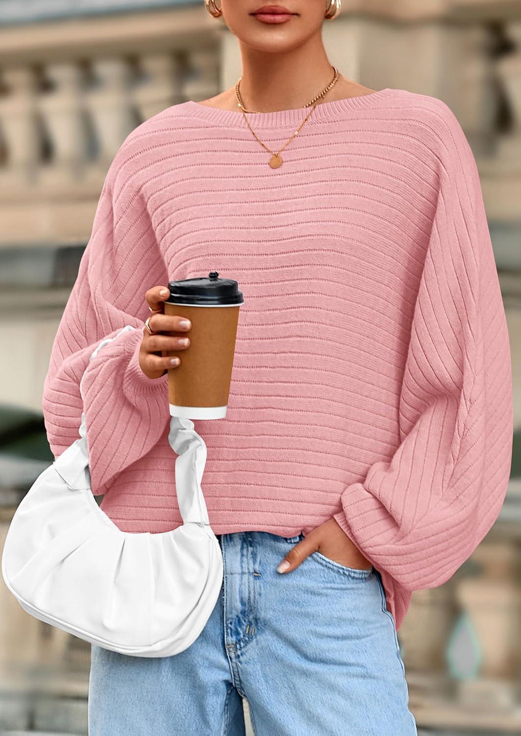 imagePRETTYGARDEN Fall Sweaters for Women 2025 Oversized Boat Neck Pullover Long Sleeve Knit Tops Cozy Winter Fashion ClothingPink