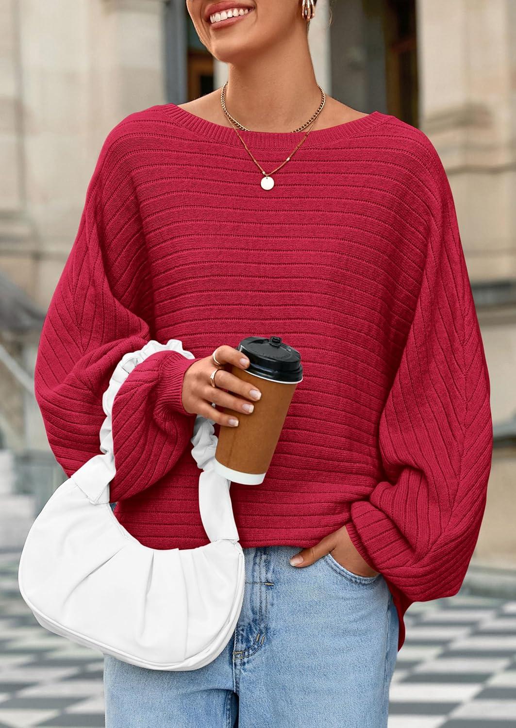 imagePRETTYGARDEN Fall Sweaters for Women 2025 Oversized Boat Neck Pullover Long Sleeve Knit Tops Cozy Winter Fashion ClothingRed