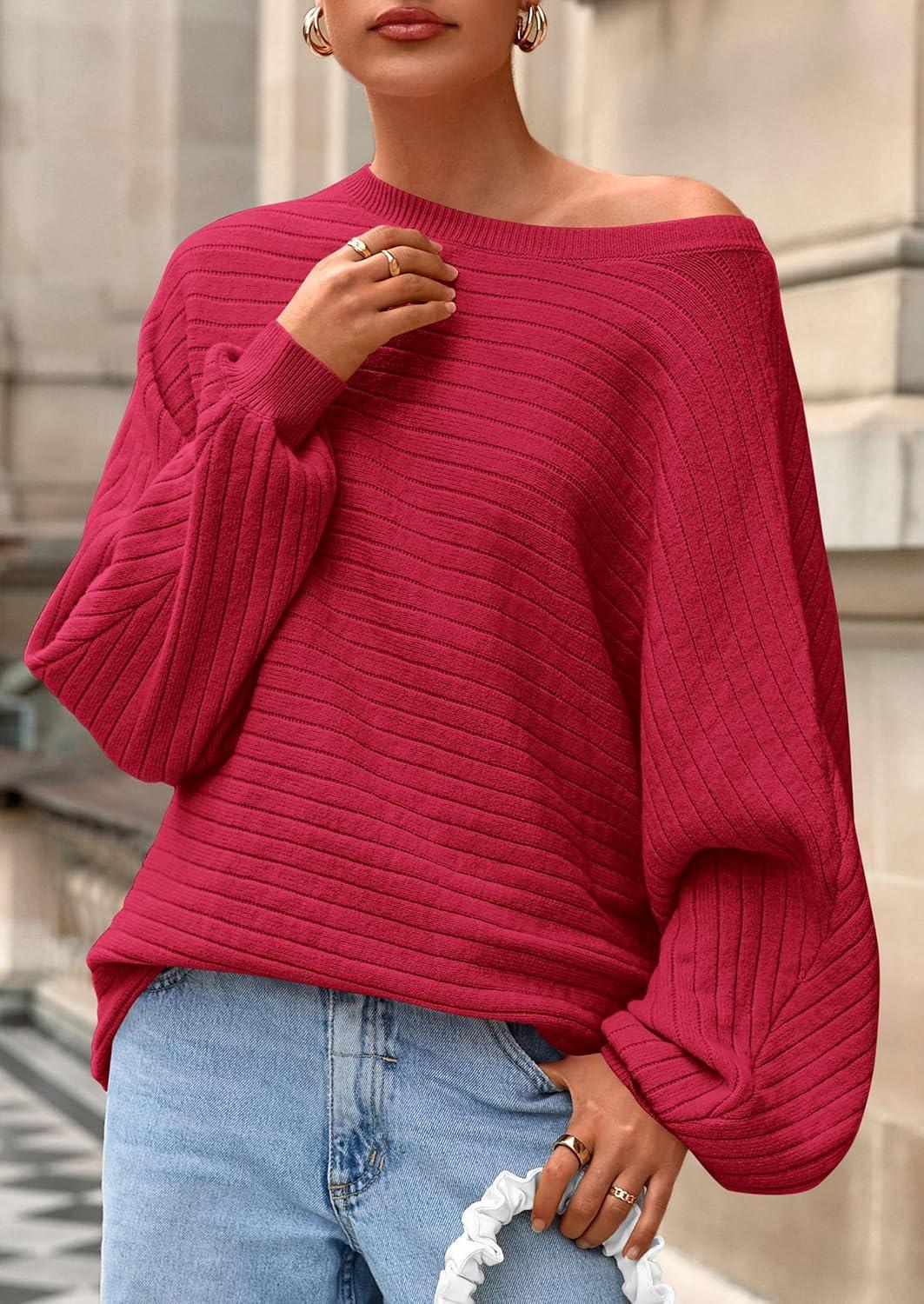 imagePRETTYGARDEN Fall Sweaters for Women 2025 Oversized Boat Neck Pullover Long Sleeve Knit Tops Cozy Winter Fashion ClothingRed