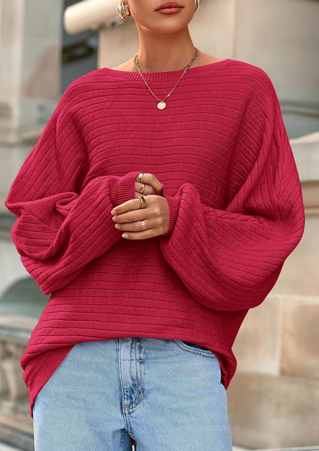 imagePRETTYGARDEN Fall Sweaters for Women 2025 Oversized Boat Neck Pullover Long Sleeve Knit Tops Cozy Winter Fashion ClothingRed