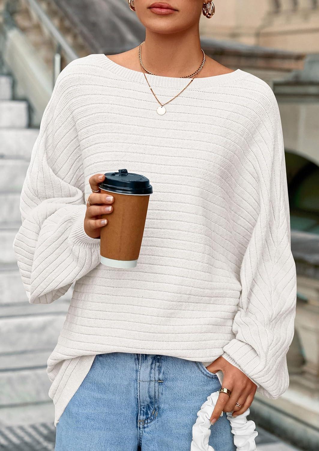 imagePRETTYGARDEN Fall Sweaters for Women 2025 Oversized Boat Neck Pullover Long Sleeve Knit Tops Cozy Winter Fashion ClothingWhite