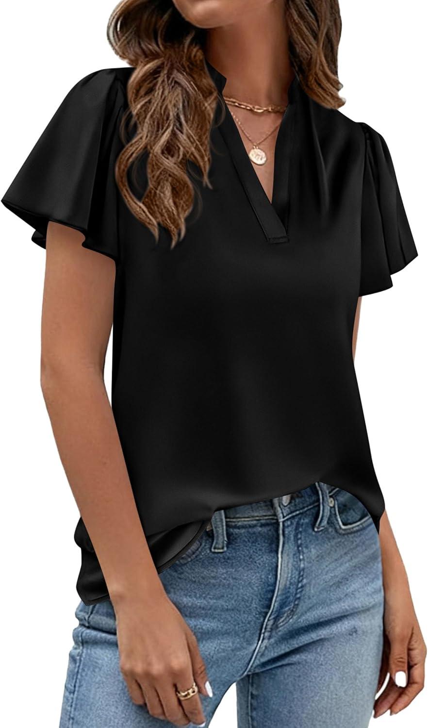 imagePRETTYGARDEN Womens 2026 Summer Blouses Dressy Casual Ruffle Cap Sleeve V Neck Business Work Trendy Cute Tops Spring OutfitsBlack