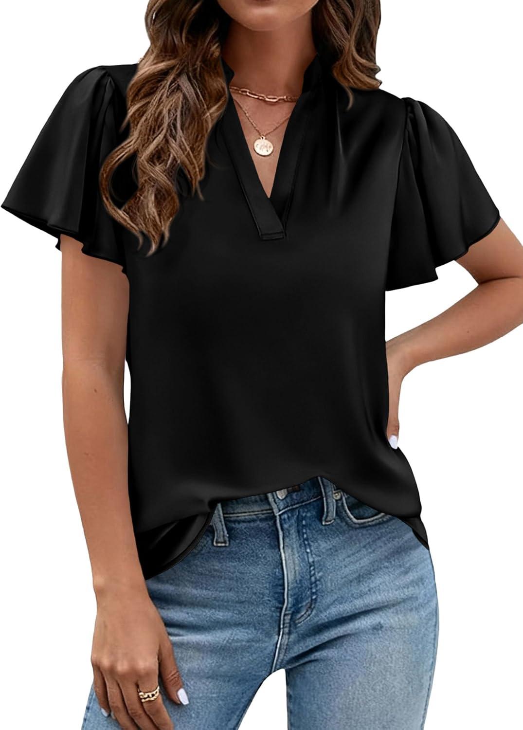 imagePRETTYGARDEN Womens 2026 Summer Blouses Dressy Casual Ruffle Cap Sleeve V Neck Business Work Trendy Cute Tops Spring OutfitsBlack