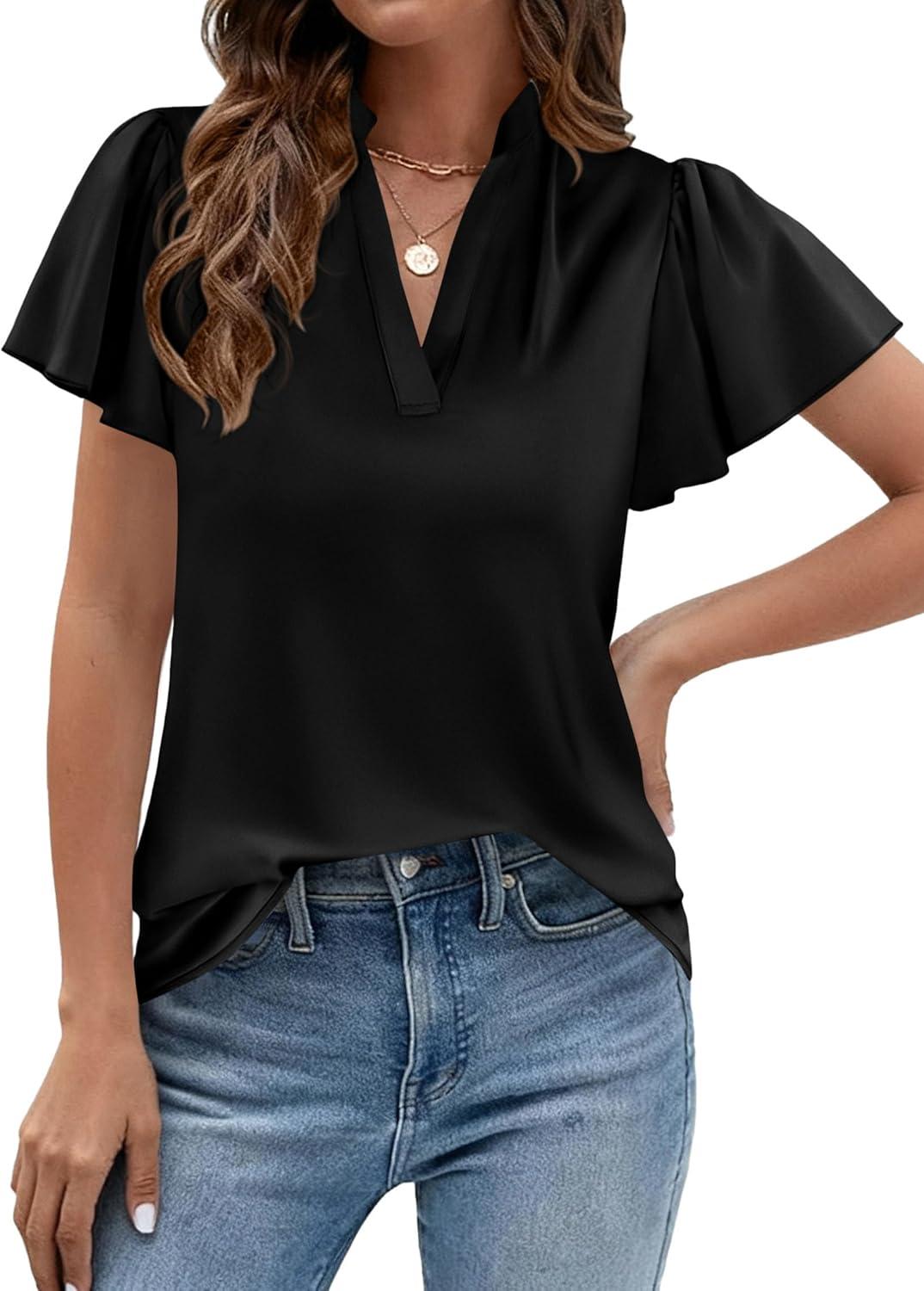 imagePRETTYGARDEN Womens 2026 Summer Blouses Dressy Casual Ruffle Cap Sleeve V Neck Business Work Trendy Cute Tops Spring OutfitsBlack