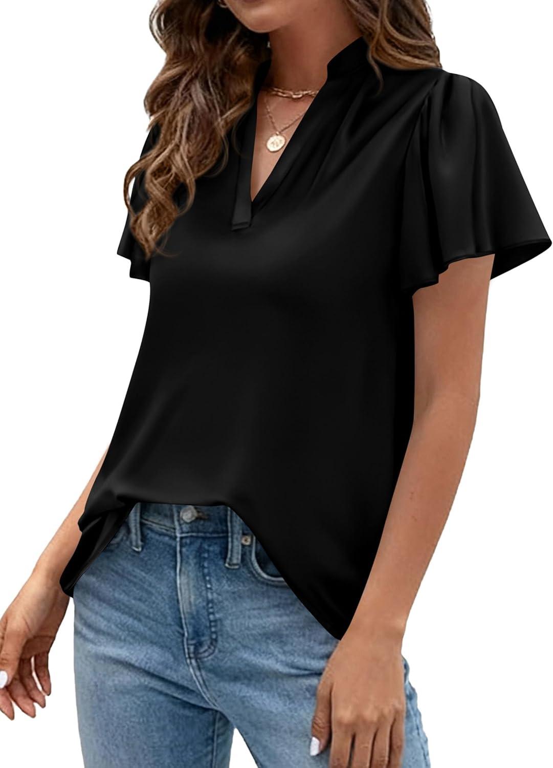imagePRETTYGARDEN Womens 2026 Summer Blouses Dressy Casual Ruffle Cap Sleeve V Neck Business Work Trendy Cute Tops Spring OutfitsBlack