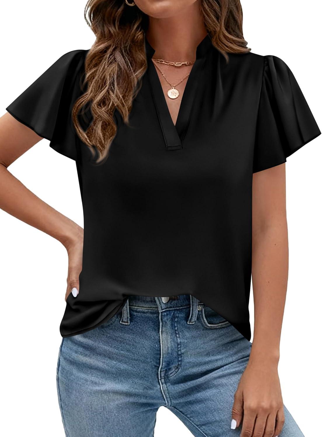 imagePRETTYGARDEN Womens 2026 Summer Blouses Dressy Casual Ruffle Cap Sleeve V Neck Business Work Trendy Cute Tops Spring OutfitsBlack