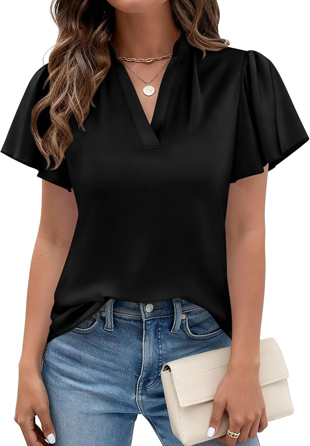 imagePRETTYGARDEN Womens 2026 Summer Blouses Dressy Casual Ruffle Cap Sleeve V Neck Business Work Trendy Cute Tops Spring OutfitsBlack