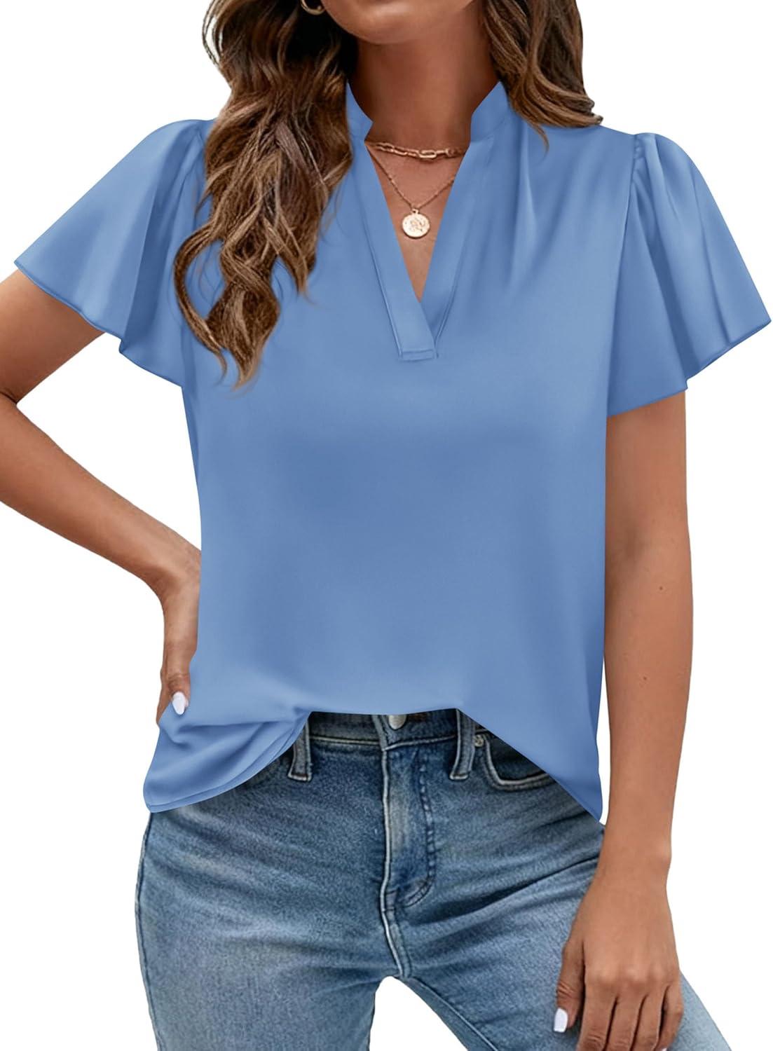 imagePRETTYGARDEN Womens 2026 Summer Blouses Dressy Casual Ruffle Cap Sleeve V Neck Business Work Trendy Cute Tops Spring OutfitsLight Blue