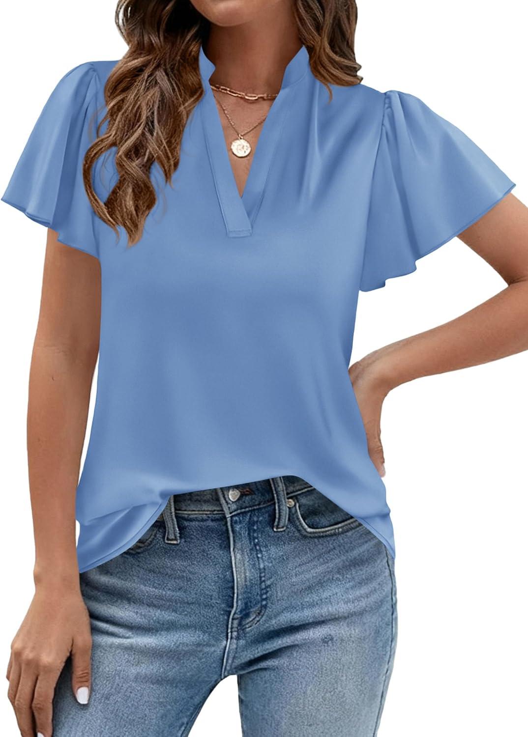 imagePRETTYGARDEN Womens 2026 Summer Blouses Dressy Casual Ruffle Cap Sleeve V Neck Business Work Trendy Cute Tops Spring OutfitsLight Blue