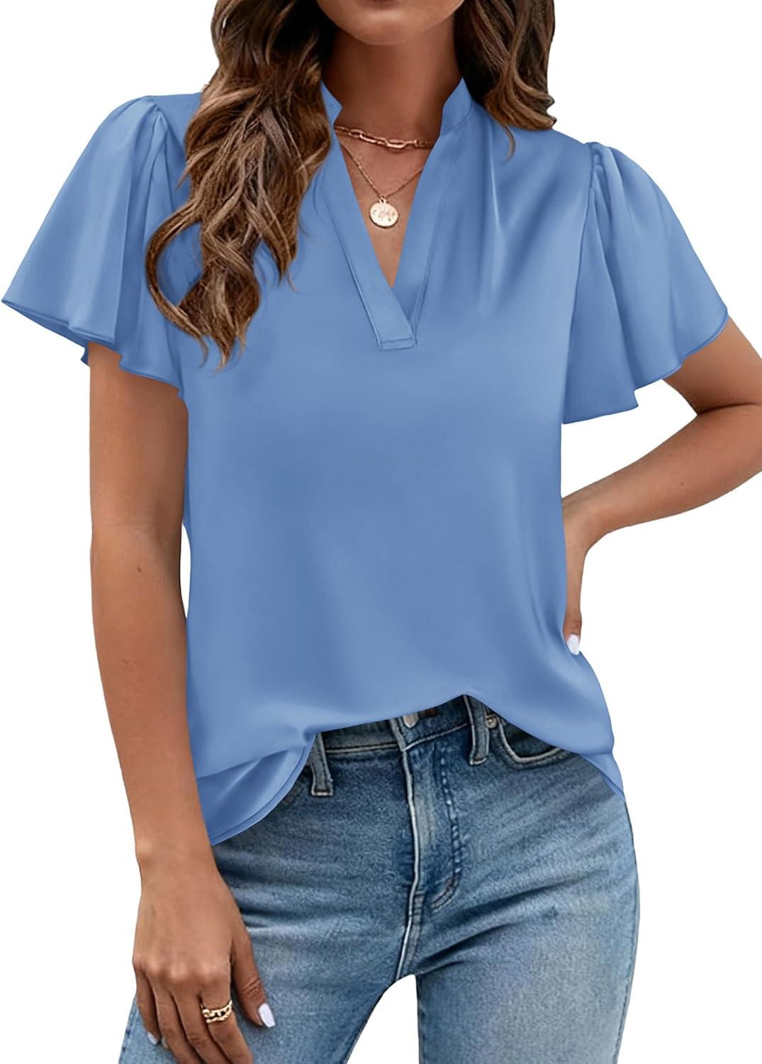 imagePRETTYGARDEN Womens 2026 Summer Blouses Dressy Casual Ruffle Cap Sleeve V Neck Business Work Trendy Cute Tops Spring OutfitsLight Blue