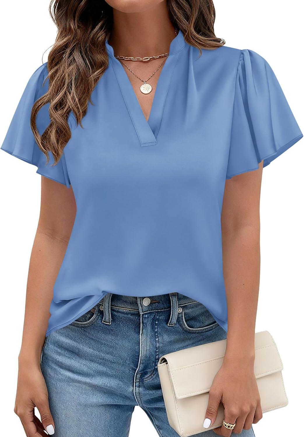 imagePRETTYGARDEN Womens 2026 Summer Blouses Dressy Casual Ruffle Cap Sleeve V Neck Business Work Trendy Cute Tops Spring OutfitsLight Blue
