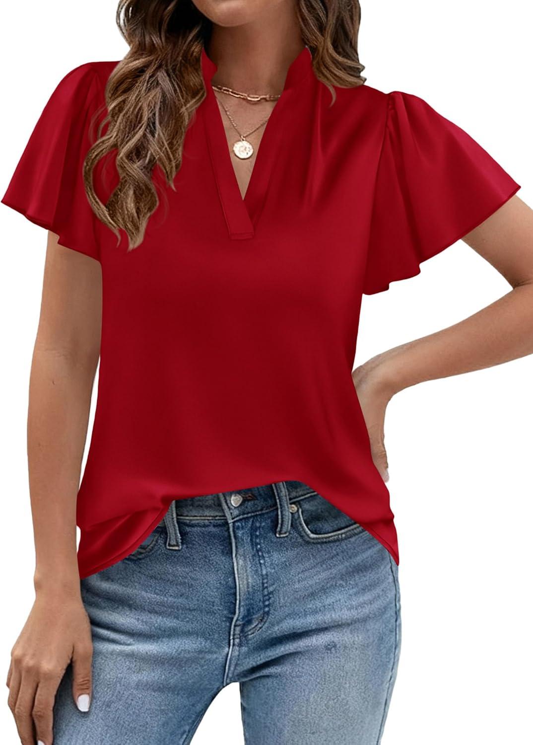 imagePRETTYGARDEN Womens 2026 Summer Blouses Dressy Casual Ruffle Cap Sleeve V Neck Business Work Trendy Cute Tops Spring OutfitsRed