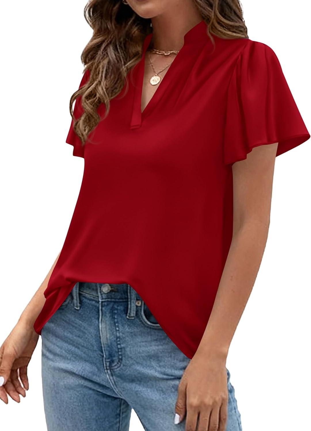 imagePRETTYGARDEN Womens 2026 Summer Blouses Dressy Casual Ruffle Cap Sleeve V Neck Business Work Trendy Cute Tops Spring OutfitsRed