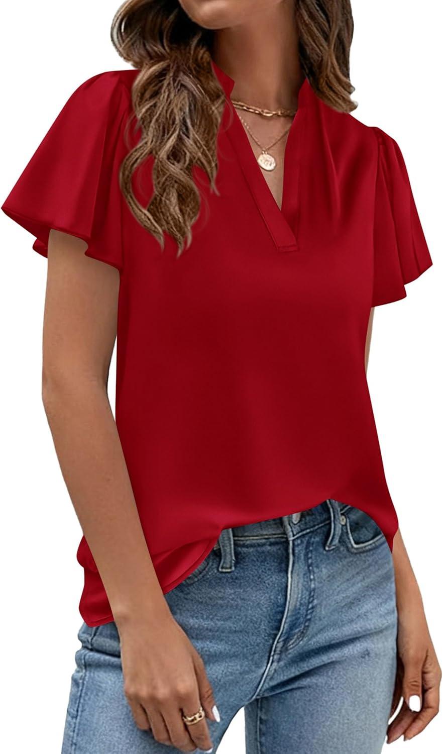 imagePRETTYGARDEN Womens 2026 Summer Blouses Dressy Casual Ruffle Cap Sleeve V Neck Business Work Trendy Cute Tops Spring OutfitsRed