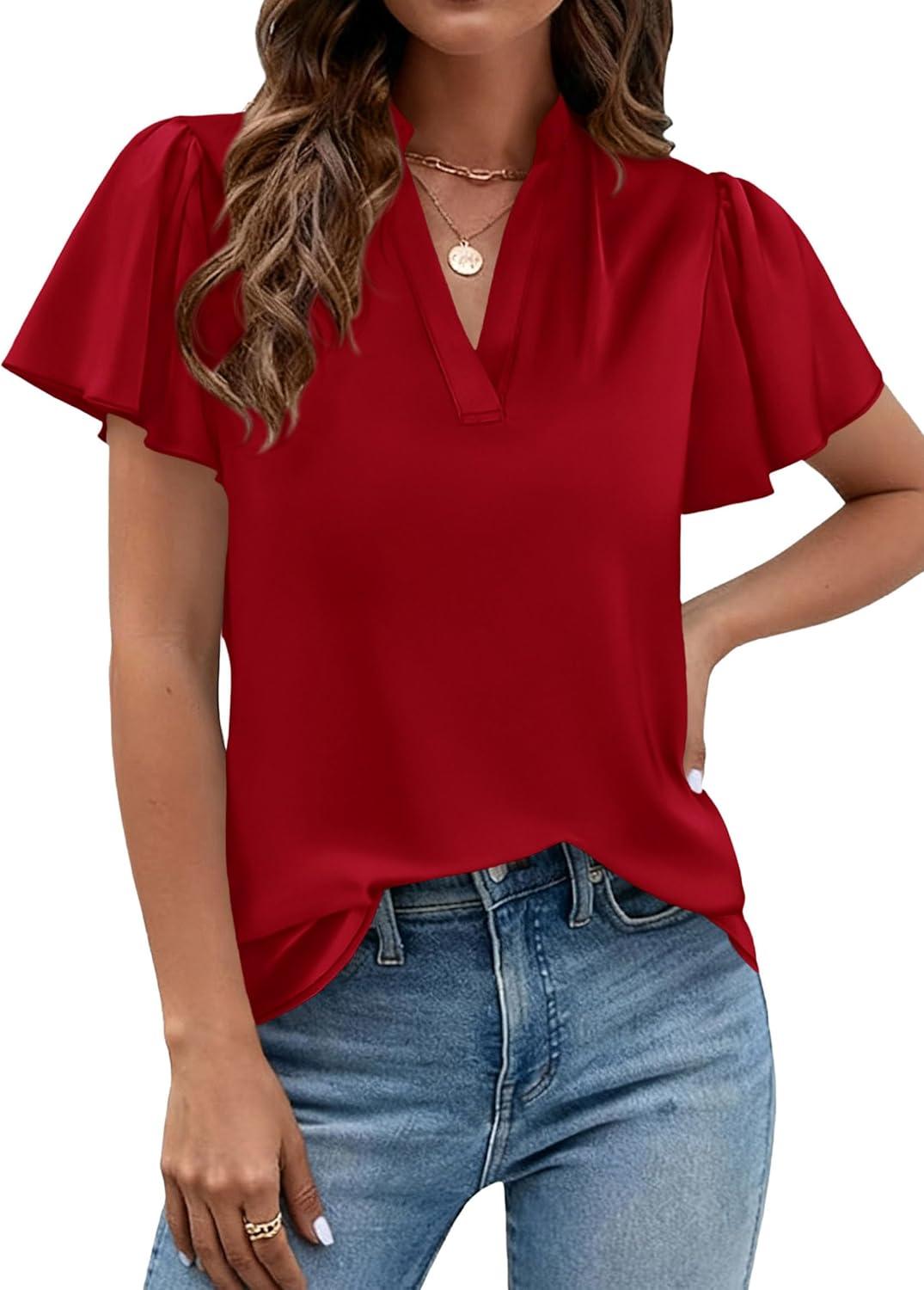 imagePRETTYGARDEN Womens 2026 Summer Blouses Dressy Casual Ruffle Cap Sleeve V Neck Business Work Trendy Cute Tops Spring OutfitsRed