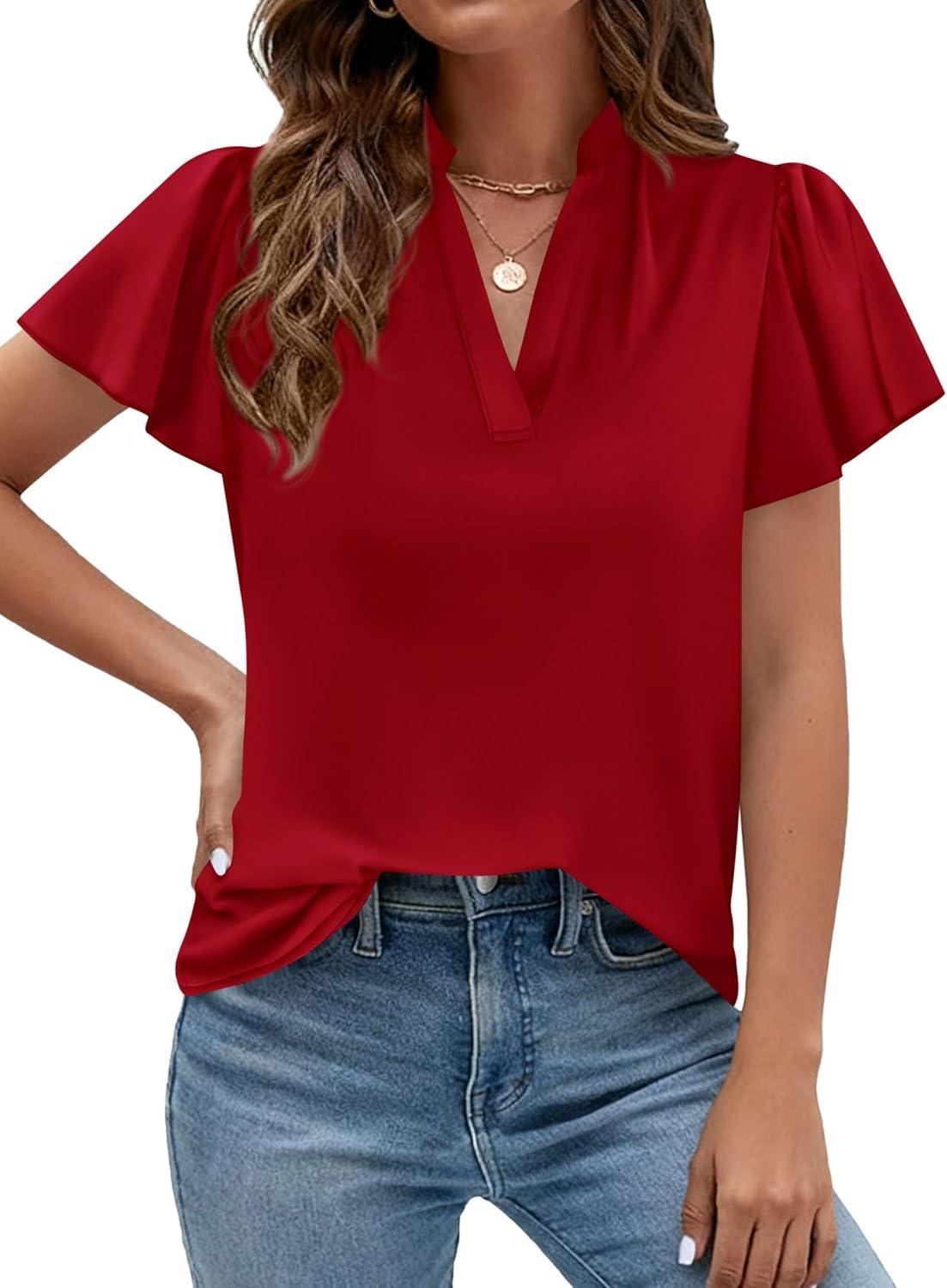 imagePRETTYGARDEN Womens 2026 Summer Blouses Dressy Casual Ruffle Cap Sleeve V Neck Business Work Trendy Cute Tops Spring OutfitsRed