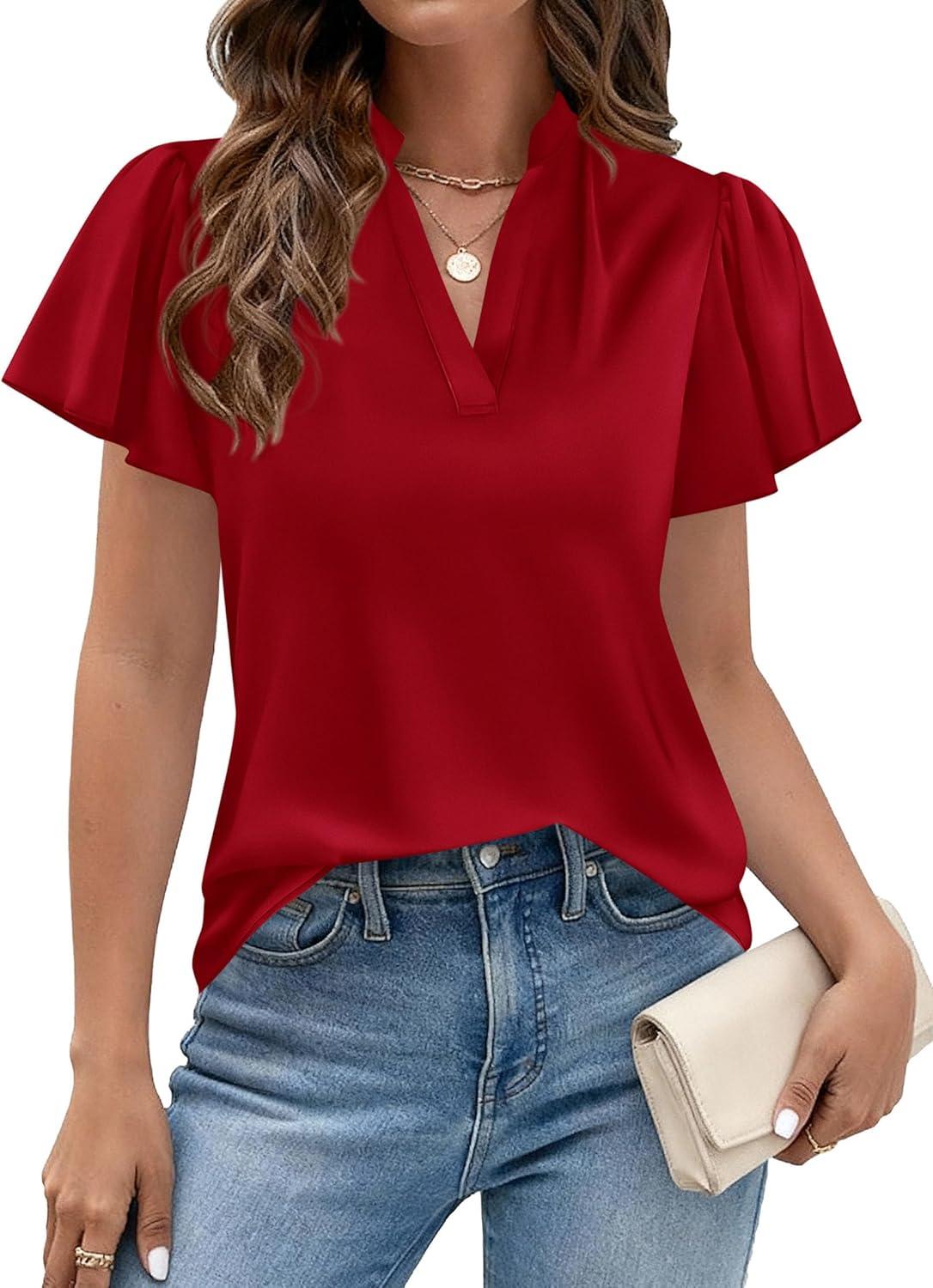 imagePRETTYGARDEN Womens 2026 Summer Blouses Dressy Casual Ruffle Cap Sleeve V Neck Business Work Trendy Cute Tops Spring OutfitsRed