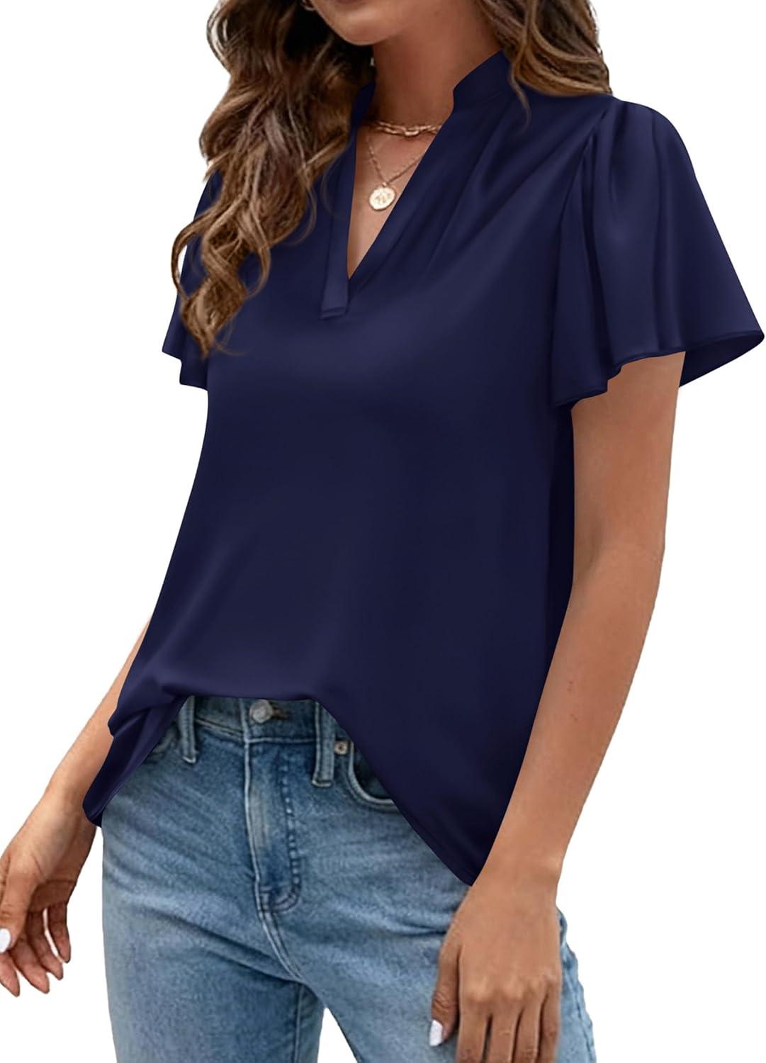 imagePRETTYGARDEN Womens 2026 Summer Blouses Dressy Casual Ruffle Cap Sleeve V Neck Business Work Trendy Cute Tops Spring OutfitsRoyal Blue