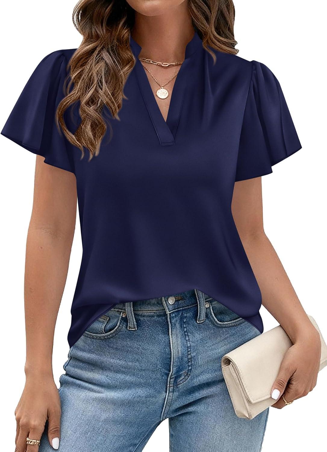 imagePRETTYGARDEN Womens 2026 Summer Blouses Dressy Casual Ruffle Cap Sleeve V Neck Business Work Trendy Cute Tops Spring OutfitsRoyal Blue