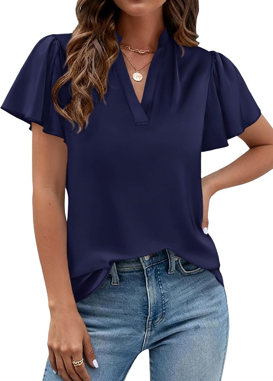 imagePRETTYGARDEN Womens 2026 Summer Blouses Dressy Casual Ruffle Cap Sleeve V Neck Business Work Trendy Cute Tops Spring OutfitsRoyal Blue