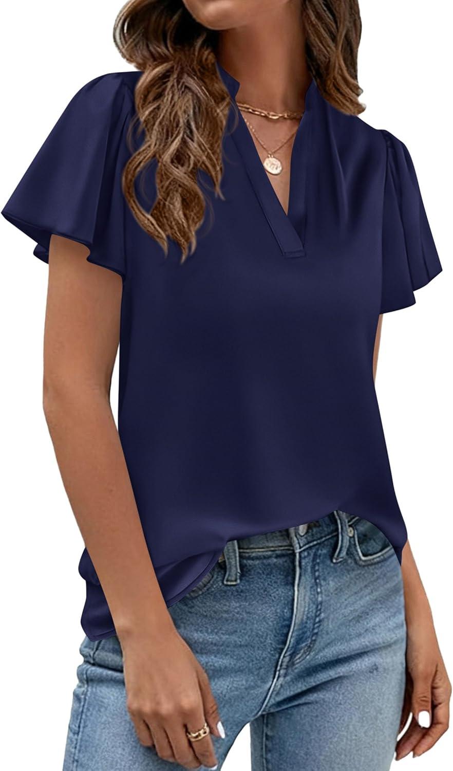imagePRETTYGARDEN Womens 2026 Summer Blouses Dressy Casual Ruffle Cap Sleeve V Neck Business Work Trendy Cute Tops Spring OutfitsRoyal Blue