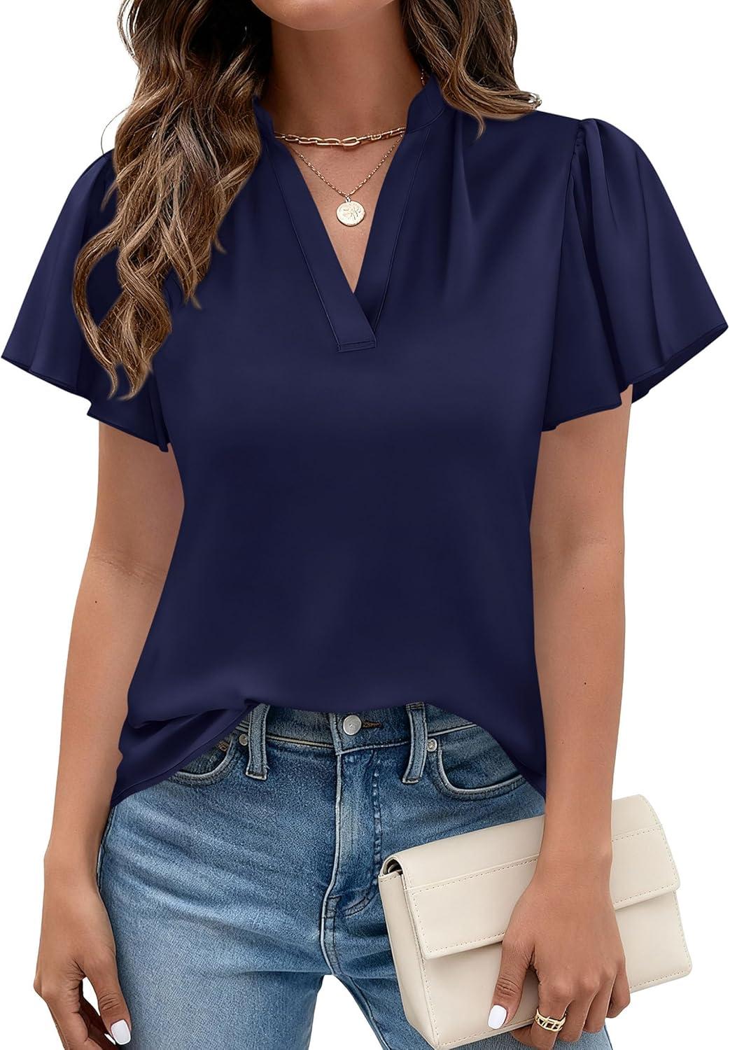 imagePRETTYGARDEN Womens 2026 Summer Blouses Dressy Casual Ruffle Cap Sleeve V Neck Business Work Trendy Cute Tops Spring OutfitsRoyal Blue
