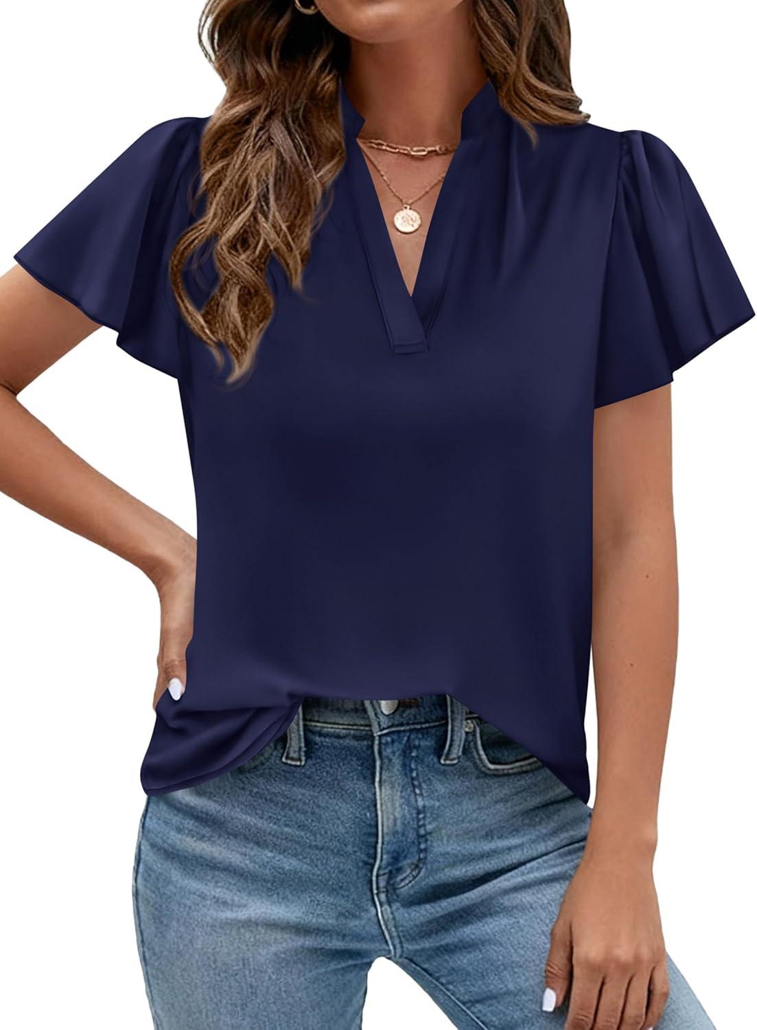 imagePRETTYGARDEN Womens 2026 Summer Blouses Dressy Casual Ruffle Cap Sleeve V Neck Business Work Trendy Cute Tops Spring OutfitsRoyal Blue