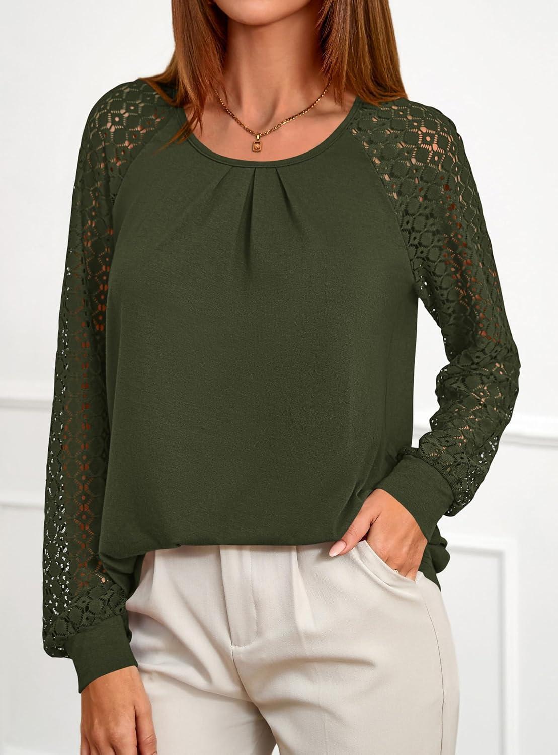 imagePRETTYGARDEN Womens Long Sleeve Shirts Lace Tops 2025 Fall Fashion Outfits Dressy Casual Blouses Work ClothesArmy Green