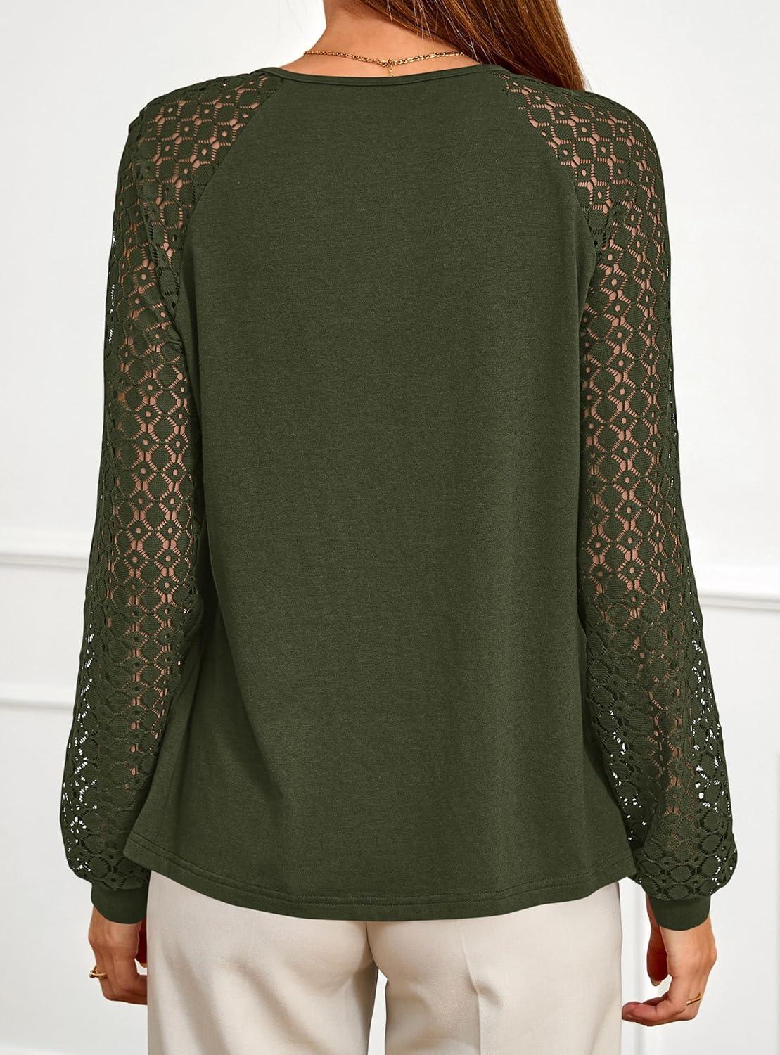 imagePRETTYGARDEN Womens Long Sleeve Shirts Lace Tops 2025 Fall Fashion Outfits Dressy Casual Blouses Work ClothesArmy Green