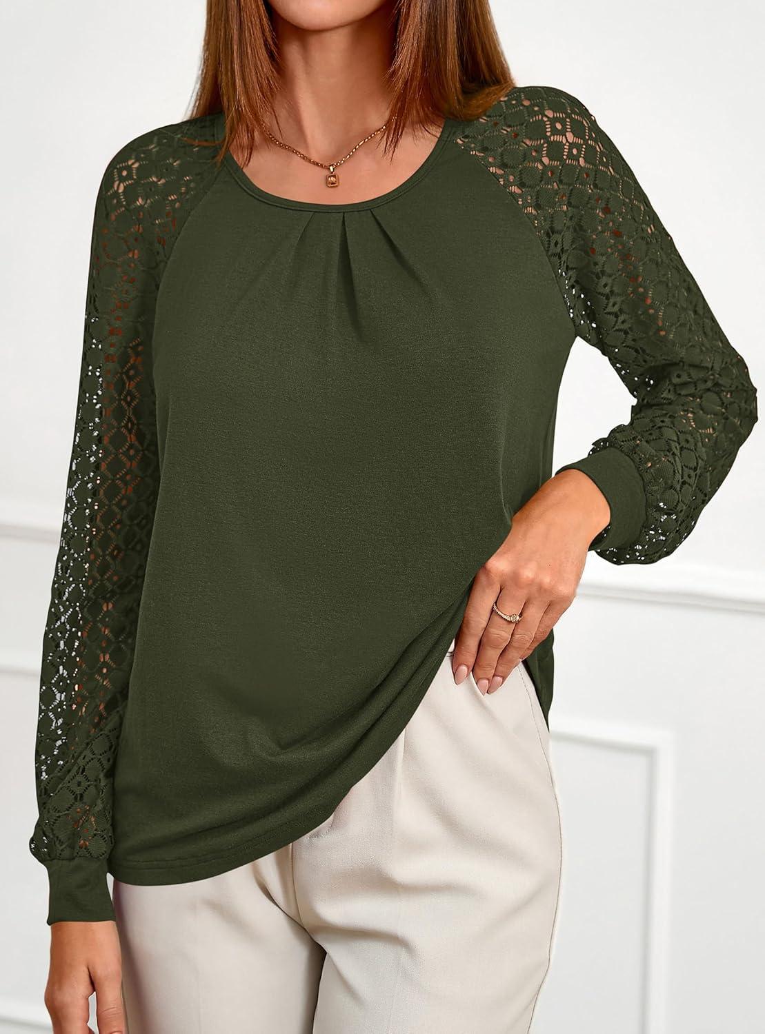 imagePRETTYGARDEN Womens Long Sleeve Shirts Lace Tops 2025 Fall Fashion Outfits Dressy Casual Blouses Work ClothesArmy Green