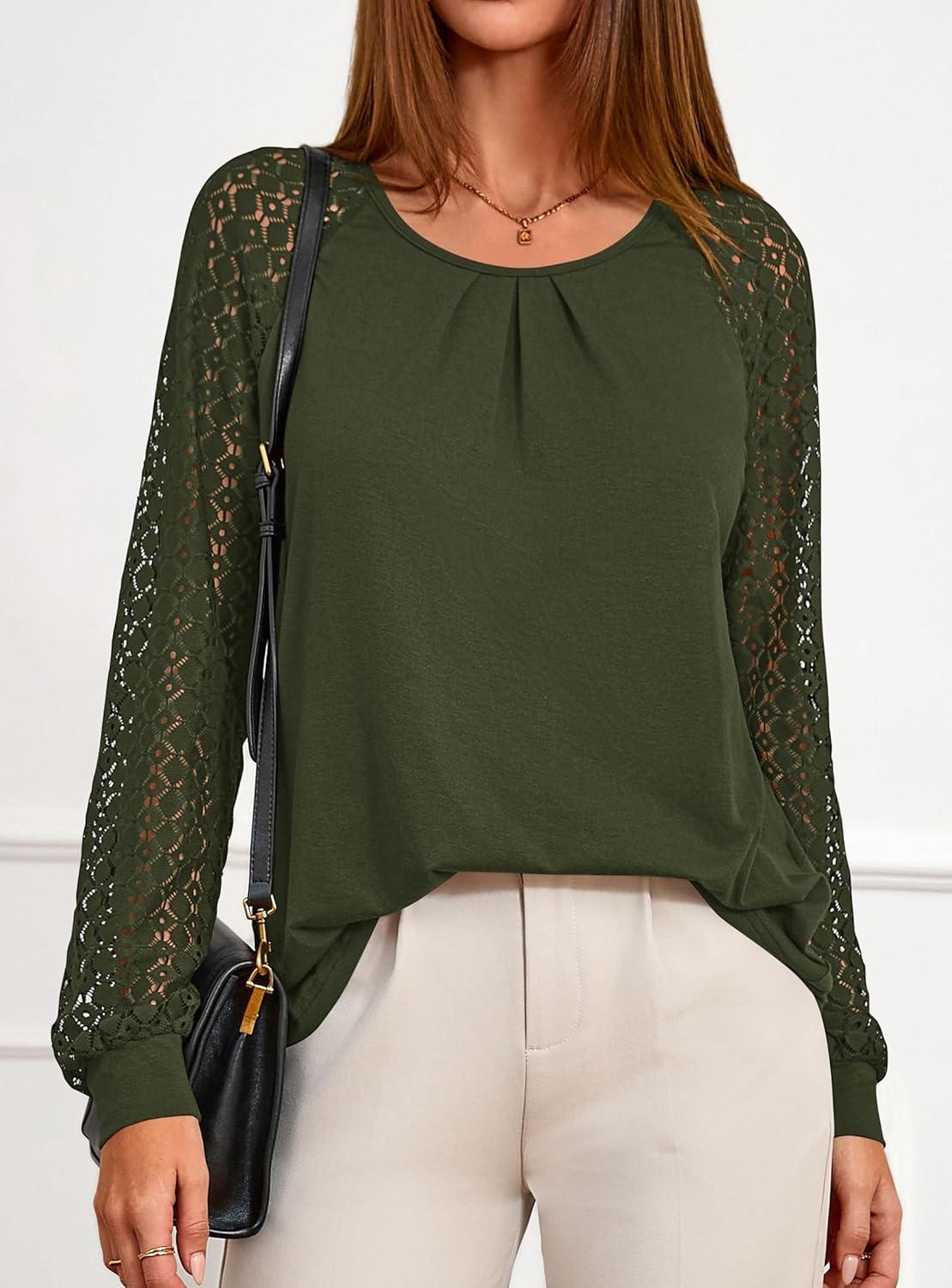 imagePRETTYGARDEN Womens Long Sleeve Shirts Lace Tops 2025 Fall Fashion Outfits Dressy Casual Blouses Work ClothesArmy Green