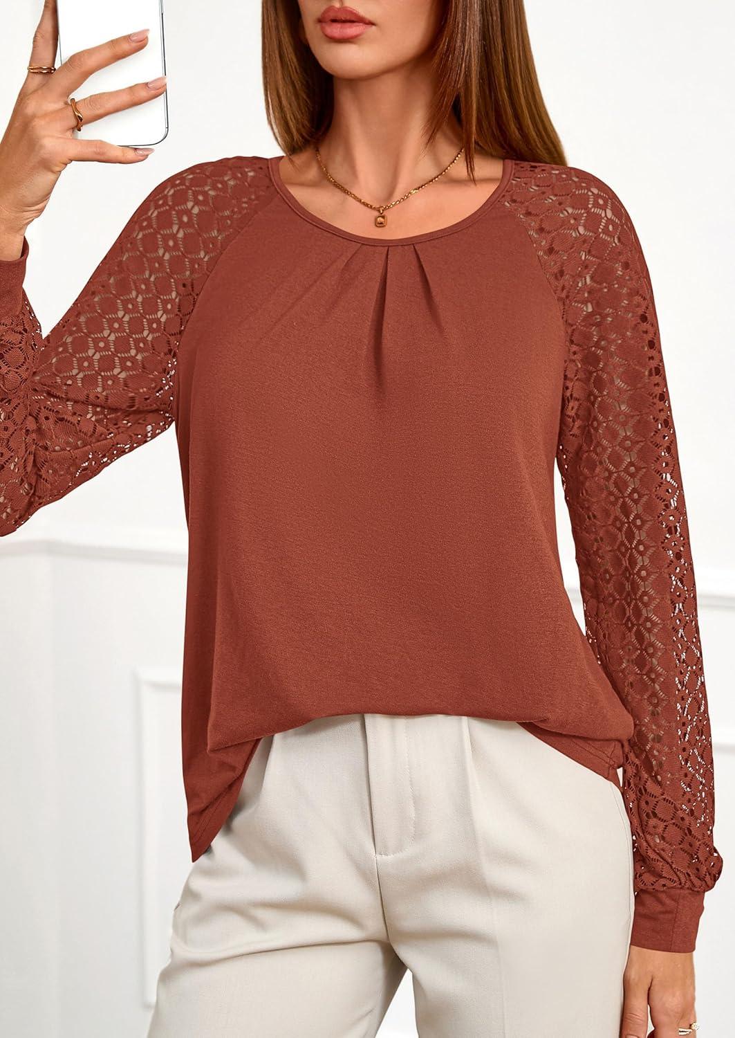 imagePRETTYGARDEN Womens Long Sleeve Shirts Lace Tops 2025 Fall Fashion Outfits Dressy Casual Blouses Work ClothesBrick Red