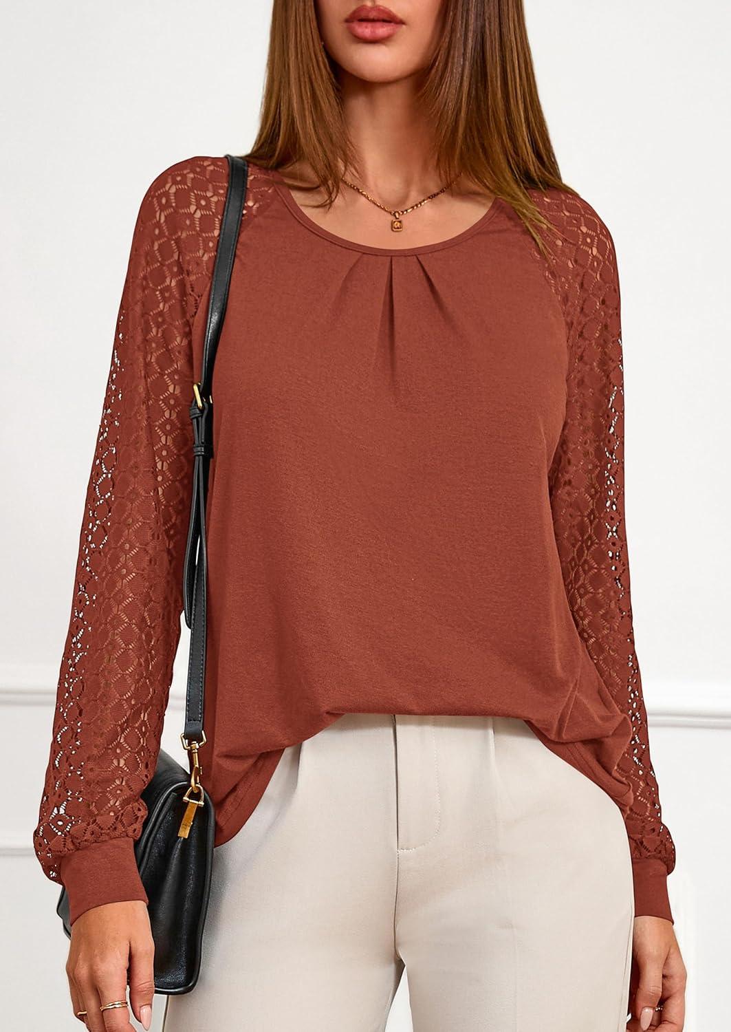 imagePRETTYGARDEN Womens Long Sleeve Shirts Lace Tops 2025 Fall Fashion Outfits Dressy Casual Blouses Work ClothesBrick Red